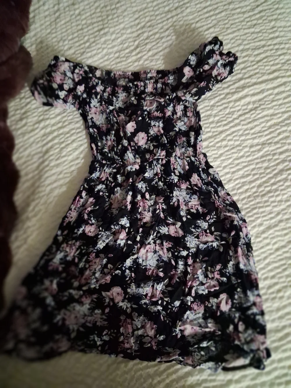 Wallflower Black Off-Shoulder Floral Dress with Pink Accents